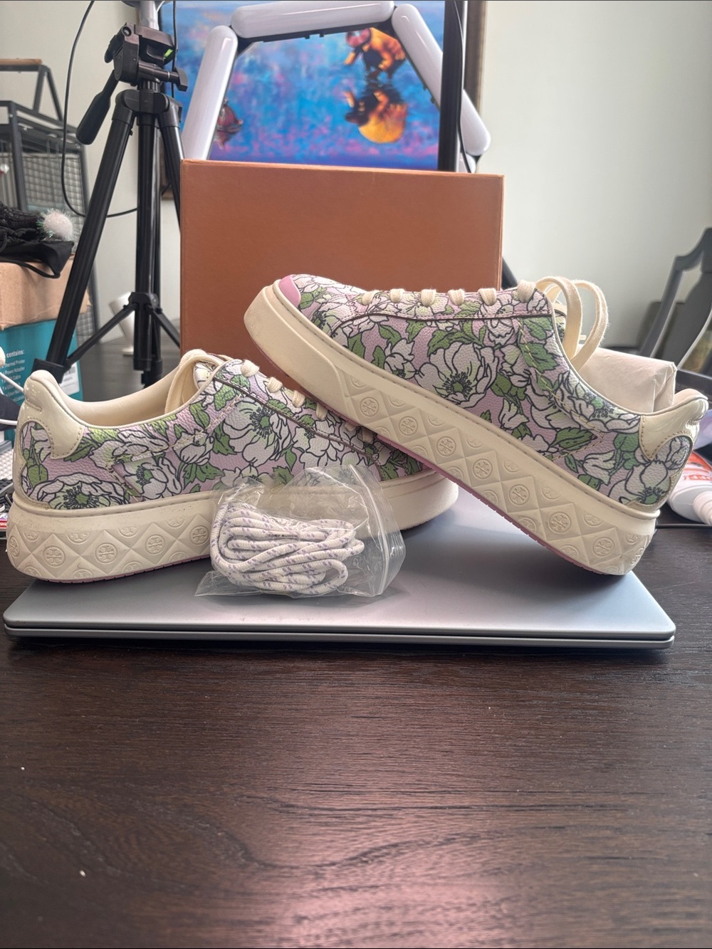 Tory Burch women’s Floral Low-Top Sneakers in Pink, Green & Cream